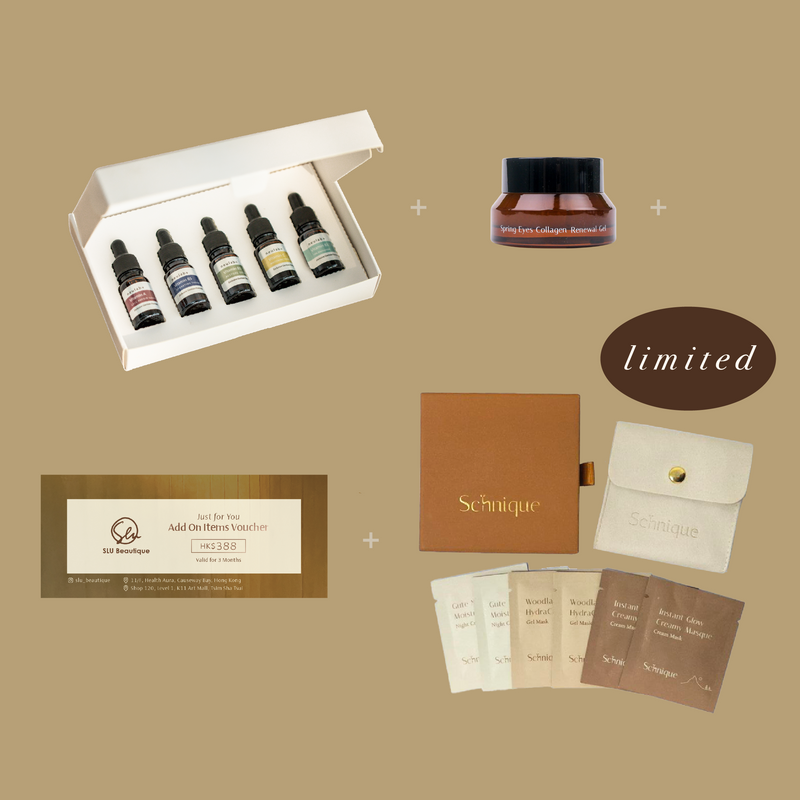 【滿HK$3800禮遇】SLU Beautique 限定HK$388附加項目護理禮券 + Schnique 森林萃活膠原眼霜15ml  + 全效修復精華旅行套裝 10ml + Schnique 植萃護膚體驗套裝